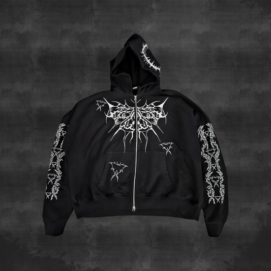 MOTH CROPPED DOUBLE ZIPPER HOODIE